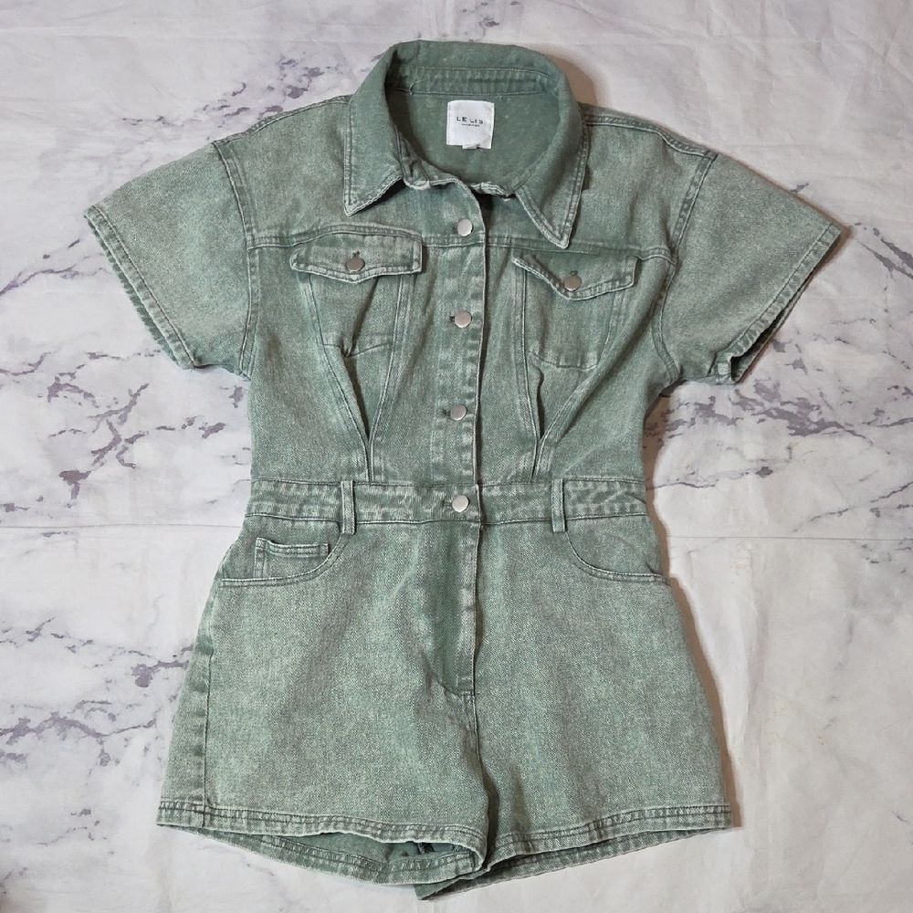 Le Lis Sage Green Denim Romper